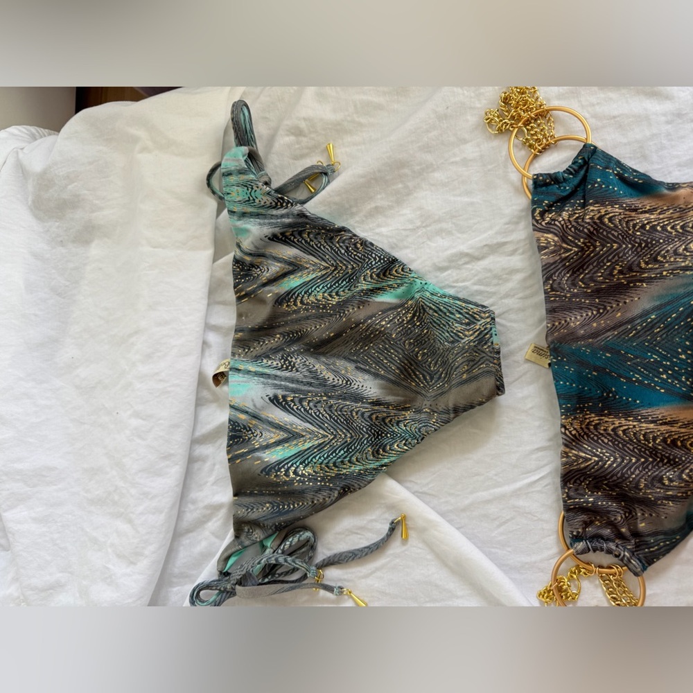 Bellissima Luxury Bikini Bottoms Teal & Bronze Feather Print Side Tie Size L NEW - Picture 15 of 16